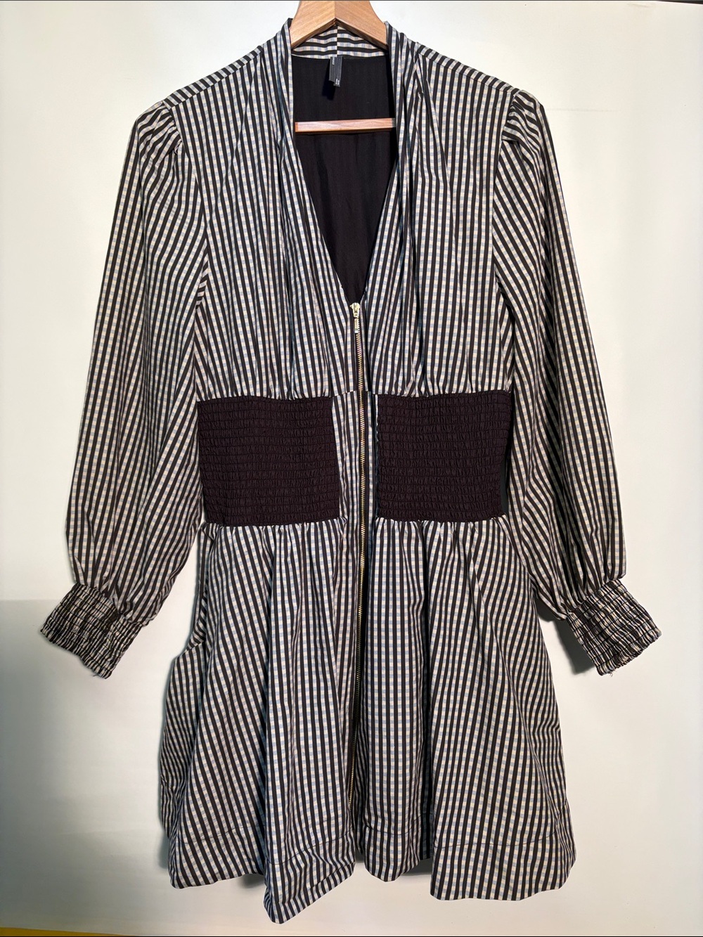 Anthropologie Tommie Black, Tan and Light Blue Checked Mini Shirt Dress